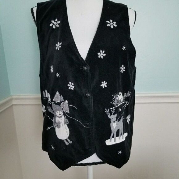 Winter Snowman Deer Scence Black Vest Size Large Holiday‎ - Picture 1 of 8